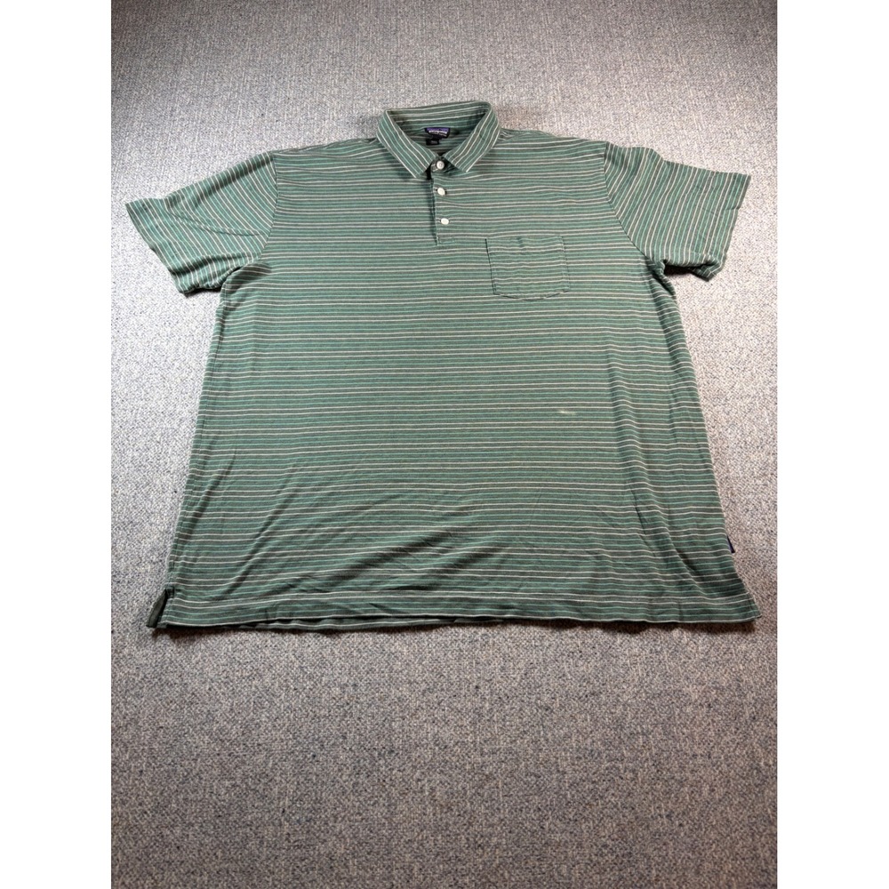 Patagonia Organic Cotton Striped Polo Shirt‎ Green Short Sleeve Mens XL